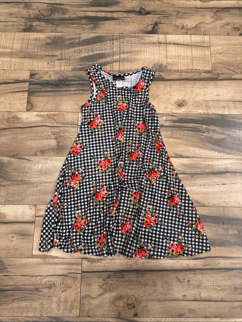 Discreet Black Gingham Dress with Red Floral Print